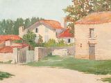 painting of a village with a dirt road in front of a house