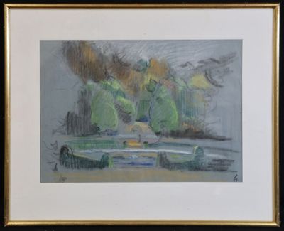 an image of a painting of a boat in a body of water with trees in the background