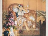 painting of a woman sitting on a couch with a vase of flowers in front of her