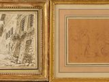deux dessins encadrés représentant un homme et une femme marchant dans une rue