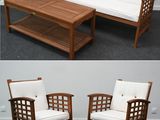 trois vues différentes d'un ensemble de meubles en bois avec des coussins blancs