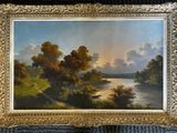 une peinture à l'huile représentant une scène fluviale avec des arbres et des nuages