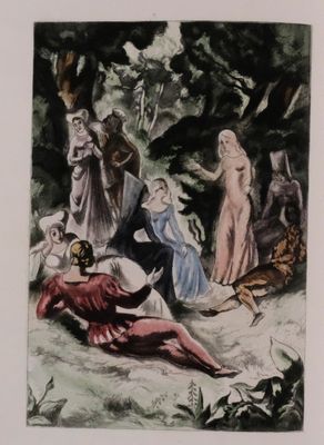painting of a group of people in a wooded area surrounded by trees