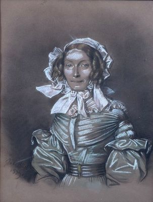 portrait of a woman in a silver dress with a white bonnet