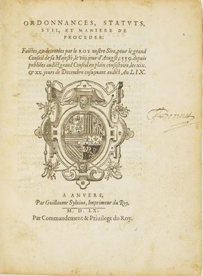 an old book with a picture of a coat of arms on it
