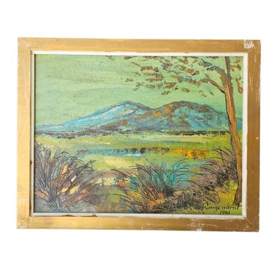 l'image d'un tableau représentant un paysage avec une montagne en arrière-plan
