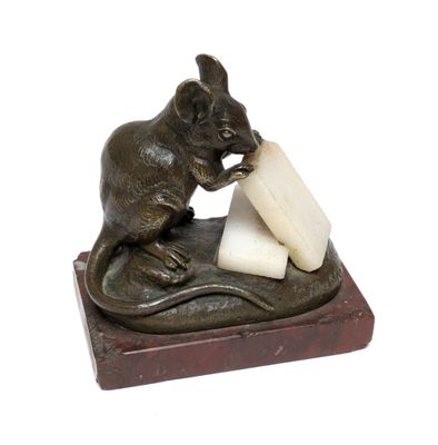 statue of a mouse eating a piece of cheese on a marble base