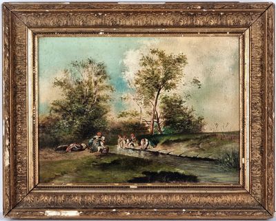 une image représentant un tableau où l'on voit un groupe de personnes sur la rive d'une rivière