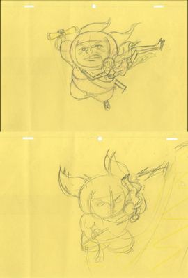 trois croquis représentant un personnage de dessin animé vêtu d'une combinaison spatiale et d'un casque