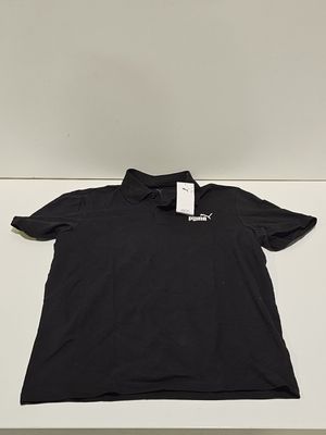 a black polo shirt with a white logo on the chest
