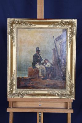 painting of a man with a dog on an easel