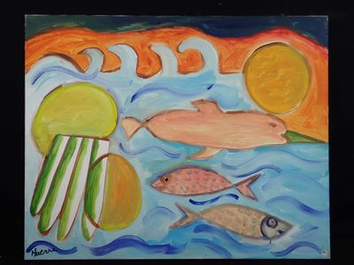 une peinture représentant une peinture de poissons dans l'eau