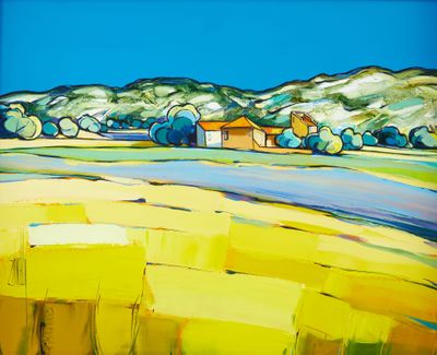 un tableau représentant un champ jaune avec une maison au loin