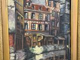 a painting of a street scene with a building in the background