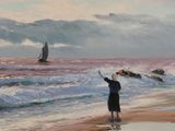 a painting of a woman standing on a beach with a sailboat in the background