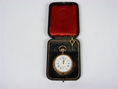 a small box with a pocket watch inside of it
