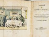 un vieux livre sur lequel figure l'image d'un homme et d'une femme assis à une table