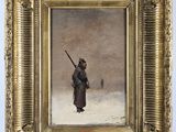 a painting of a man holding a rifle in a snowy landscape
