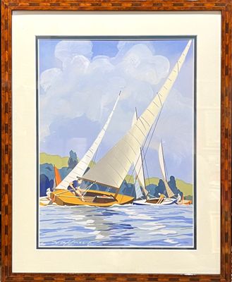 une peinture représentant un voilier sur l'eau, entouré d'autres bateaux