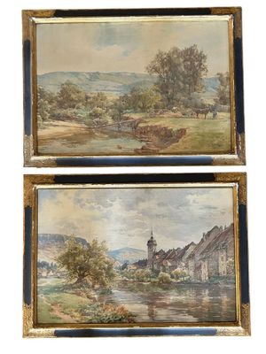 une paire d'aquarelles représentant un village et une rivière