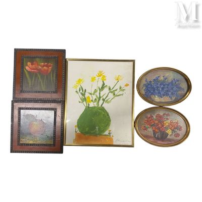 three framed pictures of flowers in a vase and a vase of flowers