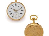 two different types of pocket watches on a white background