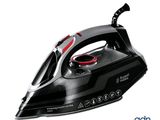 a black and red steam iron sitting on top of a white surface