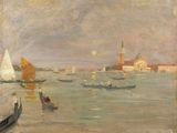painting of boats in a body of water with buildings in the background