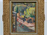 an image of a painting of a woman sitting on a bench