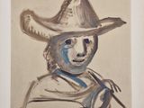 tableau représentant un homme coiffé d'un chapeau de cow-boy et tenant une paire de ciseaux