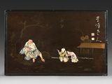 peinture orientale représentant deux hommes et un chien dans un étang