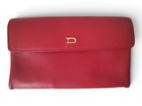 a red leather purse with a gold d on the front