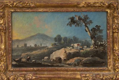 une peinture à l'huile représentant un paysage avec une rivière et une montagne en arrière-plan