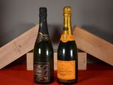 two bottles of champagne sitting next to each other on a table