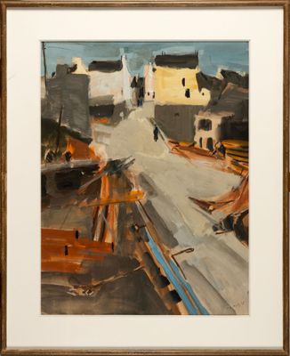 an image of a painting of boats in a harbor with buildings in the background