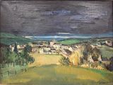 peinture d'une vue d'un village avec une église au loin