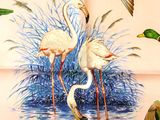 painting of a flock of birds flying over a body of water