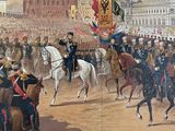 a painting of a group of men riding horses