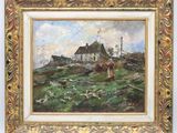 an oil painting of a farm scene with a cow grazing in the foreground