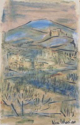 an image of a painting of a landscape with a mountain in the background