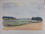 painting of a view of a beach with a body of water in the foreground