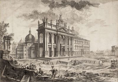 un vieux dessin représentant un grand bâtiment entouré de nombreuses personnes