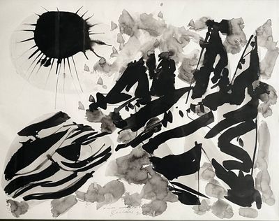 une peinture en noir et blanc avec un soleil en arrière-plan