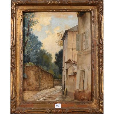 une peinture représentant une scène de rue avec des bâtiments et des arbres en arrière-plan