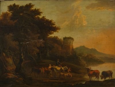 painting of a group of cattle by a river with a castle in the background
