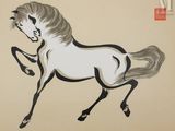 a painting of a horse that is running on the ground