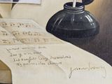 a painting of a black teapot and a sheet of paper on a table