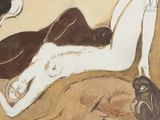 un tableau représentant une femme allongée sur un canapé avec un chien