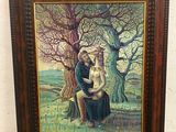 painting of a man and woman sitting under a tree in a field