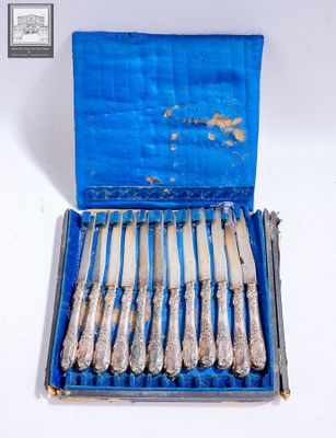 une boîte bleue contenant de l'argenterie, posée sur une surface blanche